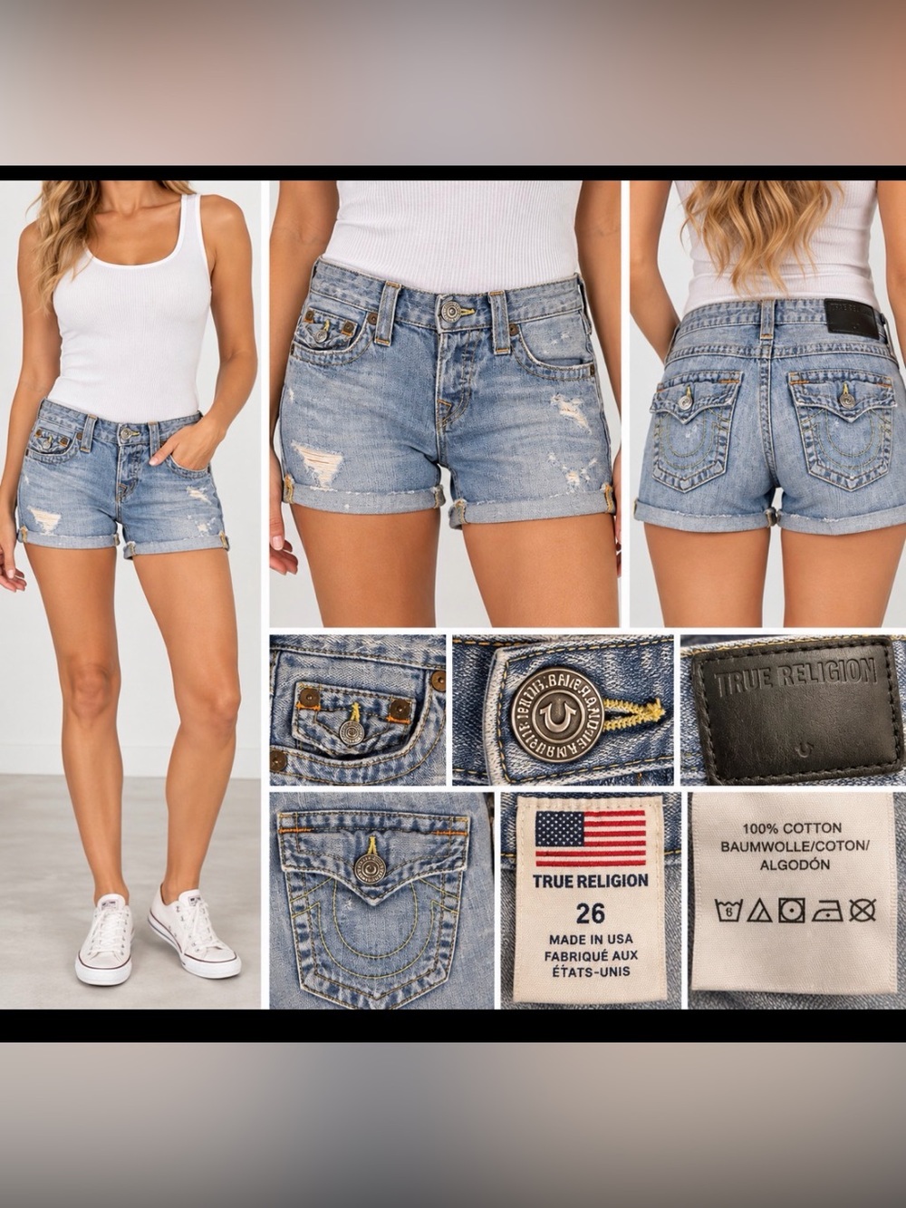 True Religion Joey Distressed Denim Shorts Size 26 Light Wash Made in USA